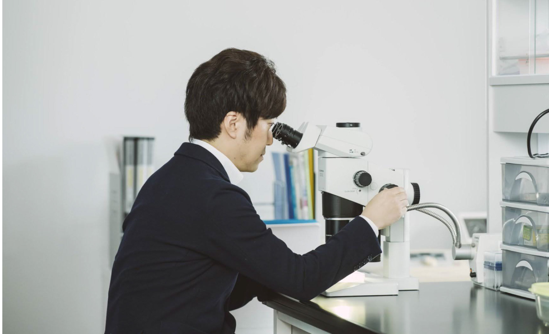 顕微鏡で観察する研究風景